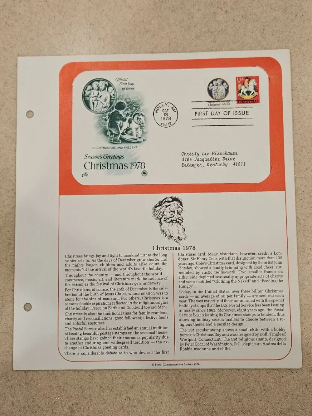RARE COLLECTIBLE USPS 1ST DAY ISSUE COVER CHRISTMAS 1978 SEASONS GREETINGS STAMP